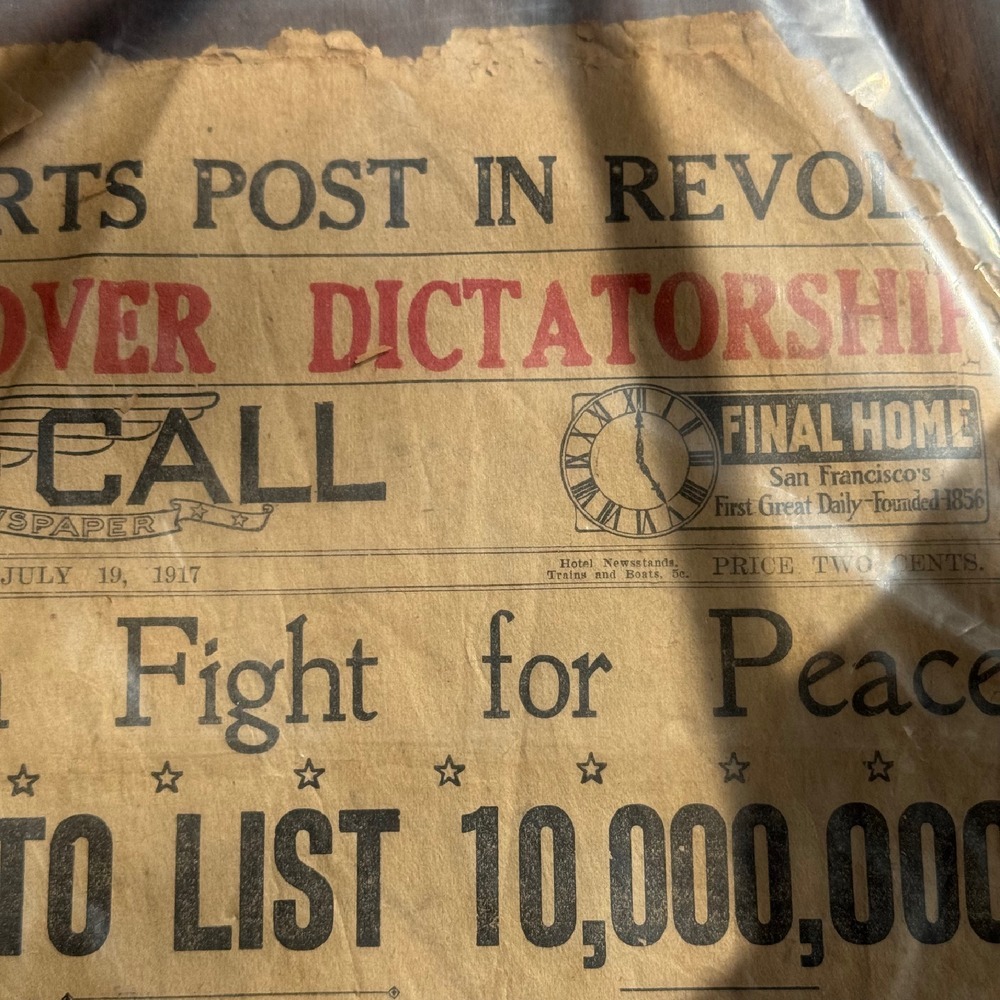 RARE‎ Antique San Francisco Call Newspaper July 1917 - In Plastic Preserved